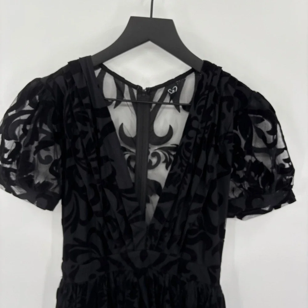 Windsor Black Velvet Burnout Mesh Maxi Dress‎ Short Sleeve V Neck S - Picture 5 of 16